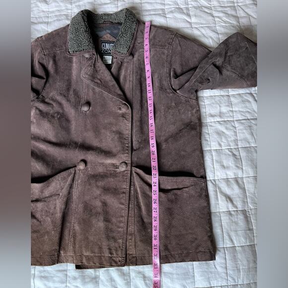 Vintage Sherpa Trimmed Brown Leather Double Breasted Chore Coat Western- Large - Picture 9 of 10